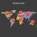 World map with continents and map pointers or markers. Vector illustration